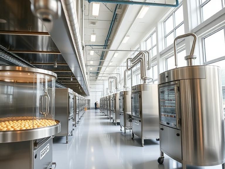 Bakery production facility with fresh cookies, bars, and muffins on cooling racks