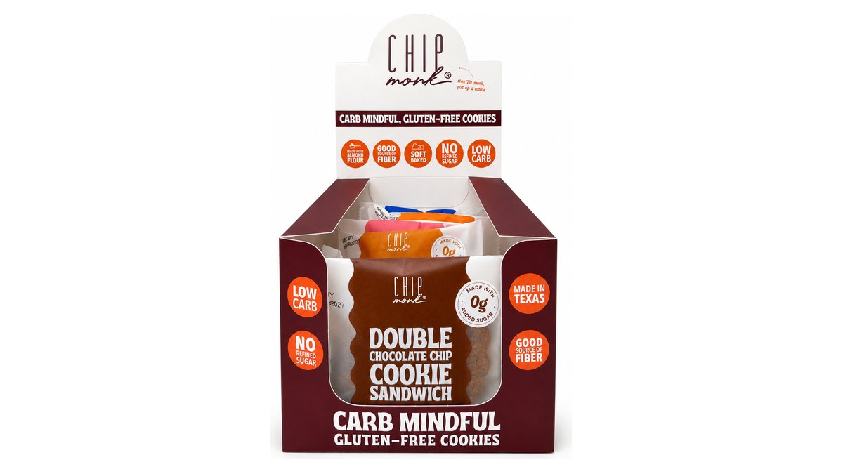 Flow-wrapped cookies packed in a display-ready retail carton